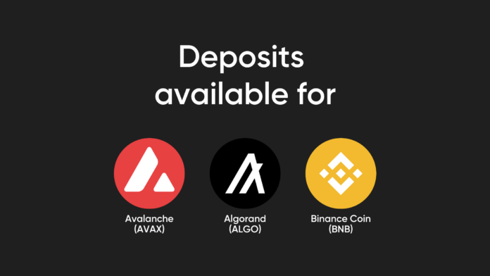 Deposits available for AVAX, ALGO and BNB
