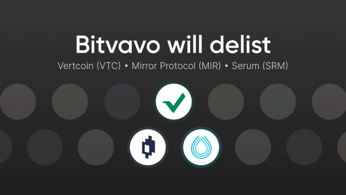Bitvavo will delist VTC, MIR, and SRM